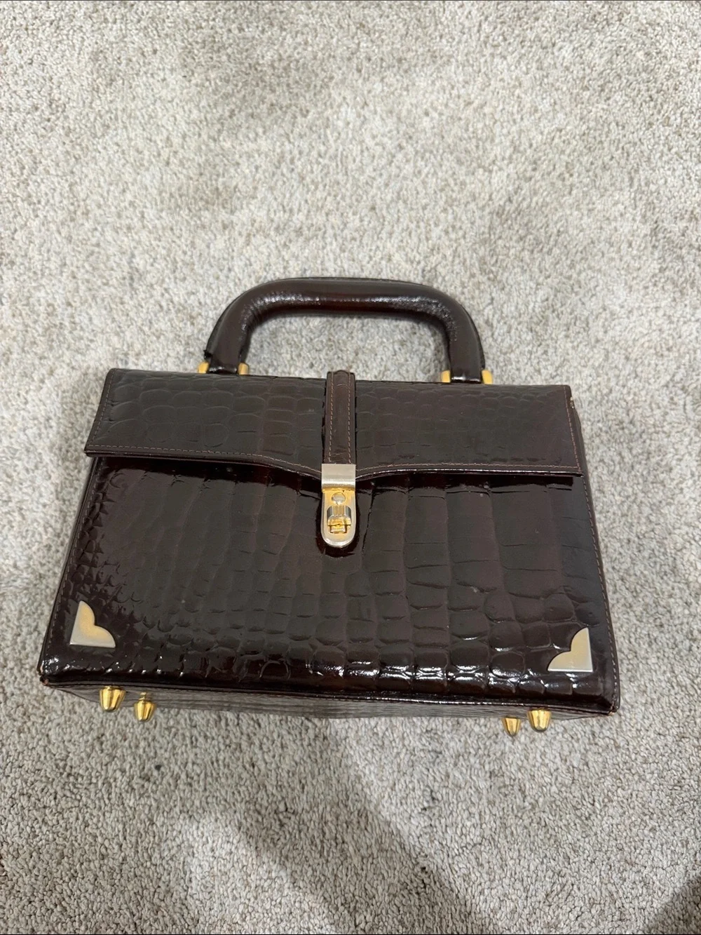 Structured Croc-Embossed Top-Handle Bag in Dark Brown